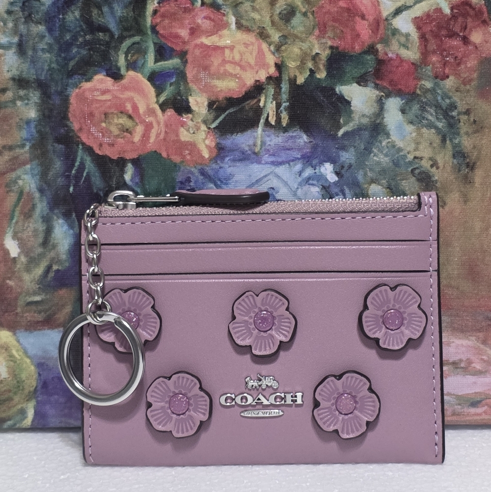 Coach Mini Skinny ID Wallet Card Case Floral Applique Purple CAT65 Tea Rose